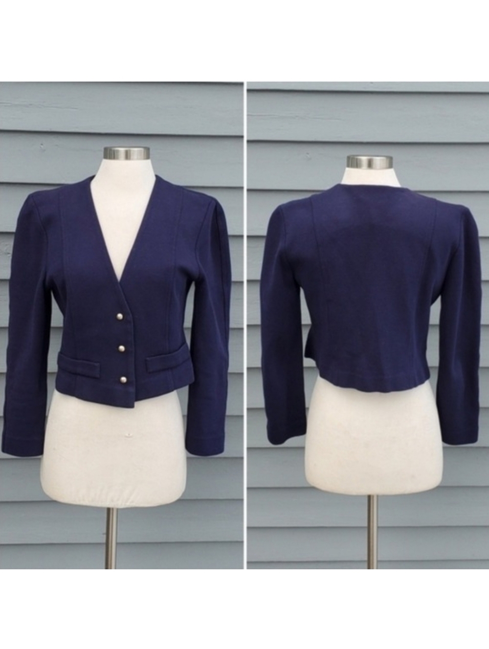 Vintage Lands‎ End Navy Blue Cotton Knit Cropped Blazer Gold Buttons USA Made 8